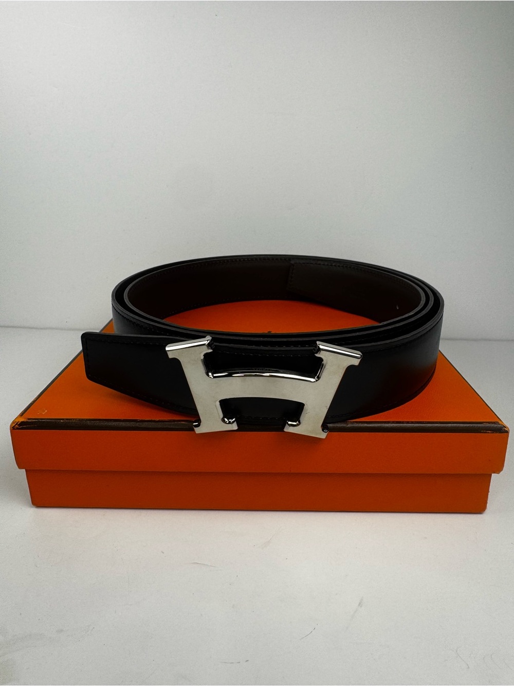Hermes Black Leather Belt with Silver H Buckle
